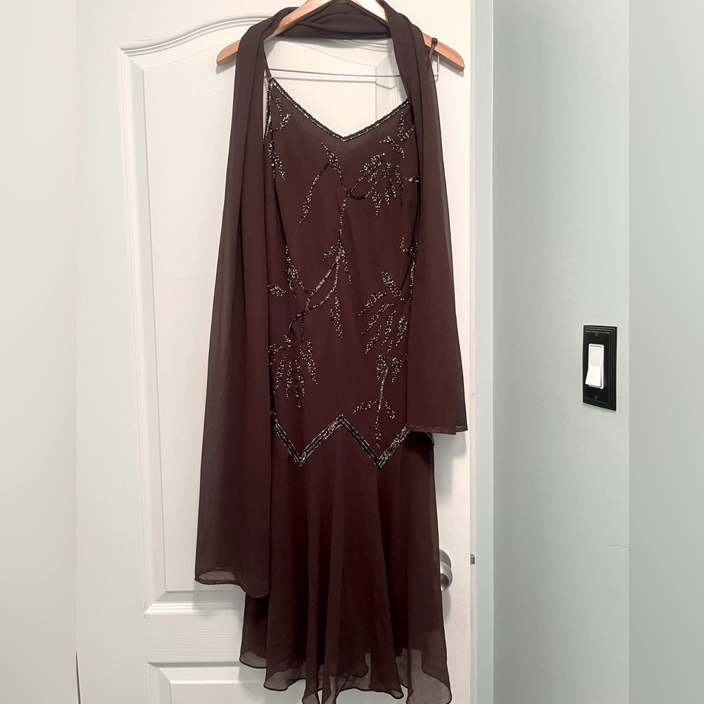 Chic Embellished Brown Maxi Dress with Matching Scarf